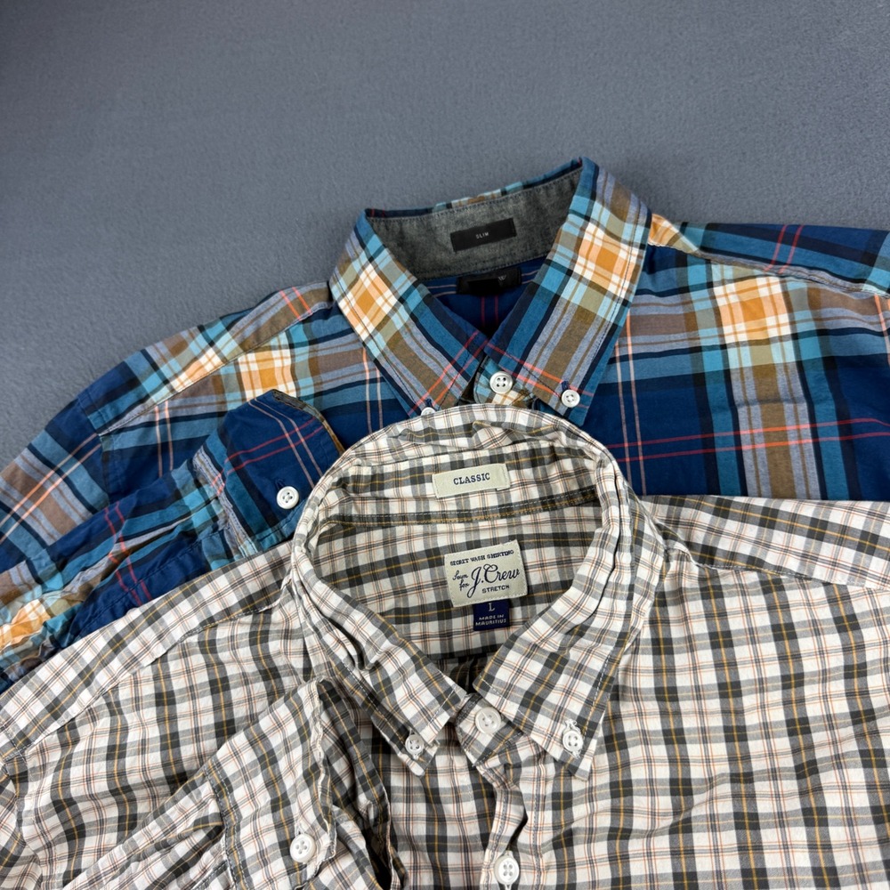 J Crew Shirt Men's L Plaid Secret Wash Stretch Classic Slim Oxford Lot of 2